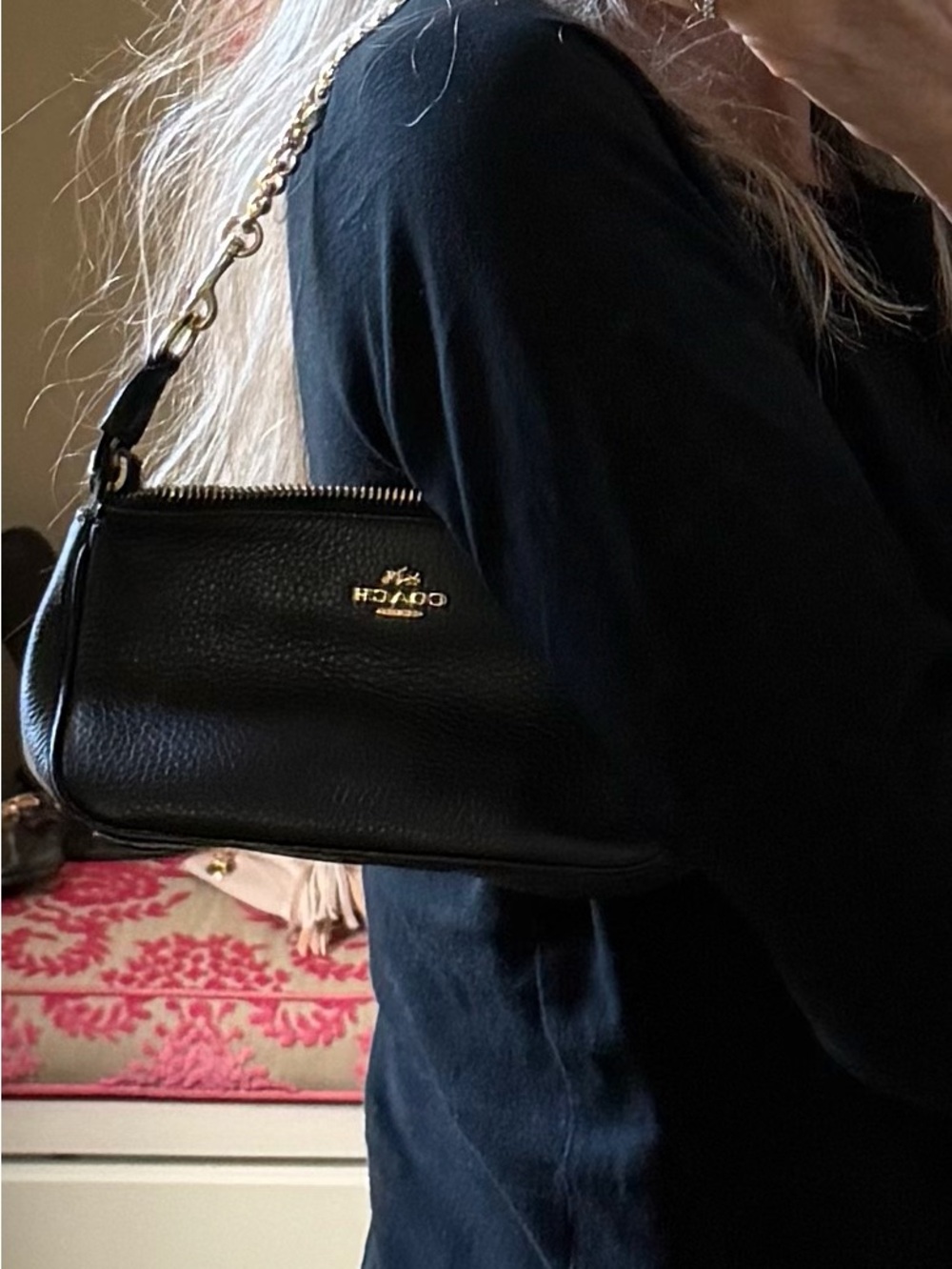 Coach Black Pebbled Leather Shoulder Bag with Gold Chain Accent